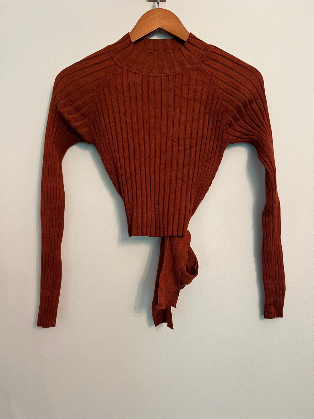 Rust Ribbed Tie-Back Long Sleeve Crop Top